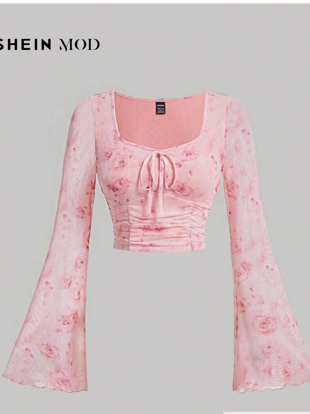 SHEIN MOD pink Tie Dye Knot Front Flounce bell Sleeve Crop Top L NWT